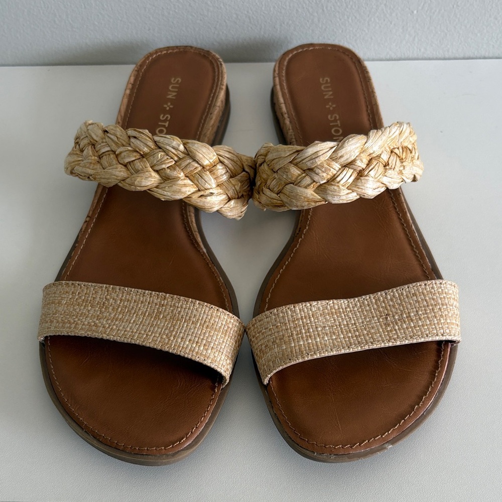 Sun + Stone Raffia Braided Slide Sandals Size 10 Boho Summer
